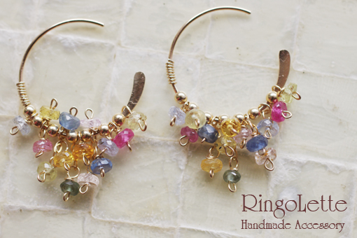 サファイアボタンカット18mmフープピアス - RingoLette天然石アクセサリー